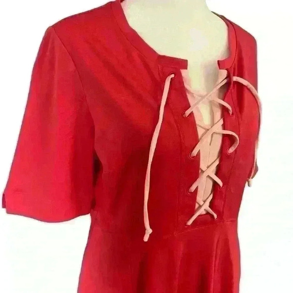 Anthropologie Maeve Red/Pink Jersey Short Sleeve Dress Lace Up Tie Front Size S - Picture 4 of 9